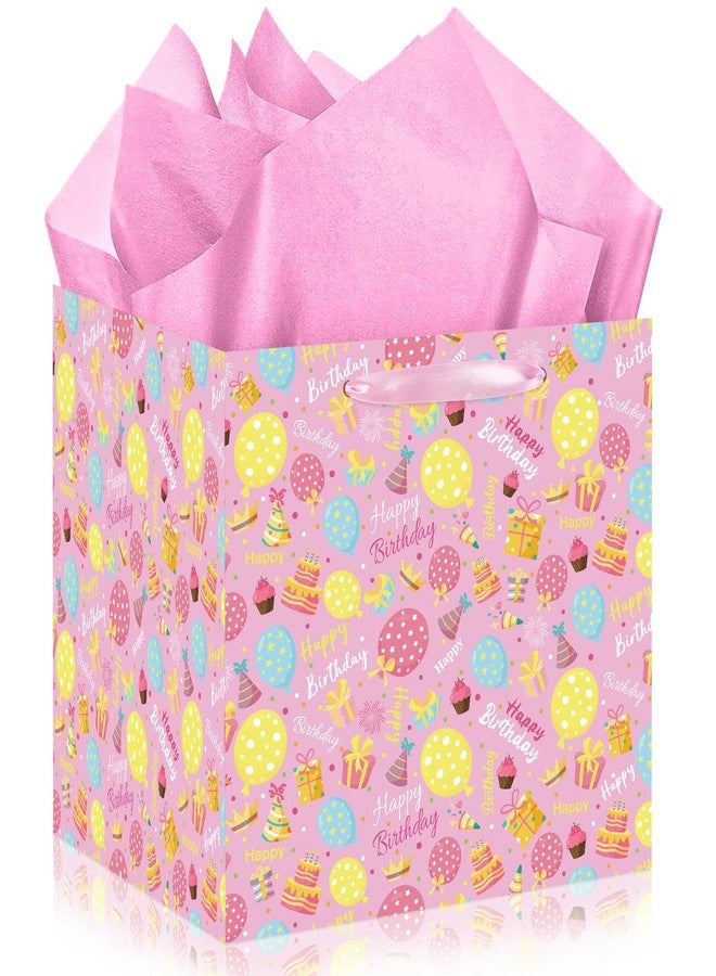 Woosytoo Extra Large Birthday Gift Bags 12" x 12" Square Gift Bag with Tissue Paper Pink Spotted Balloons with Confetti Design Wrapping Paper Bags Jumbo Present Bag for Girls' Birthday Wedding Party Favors - Image 1